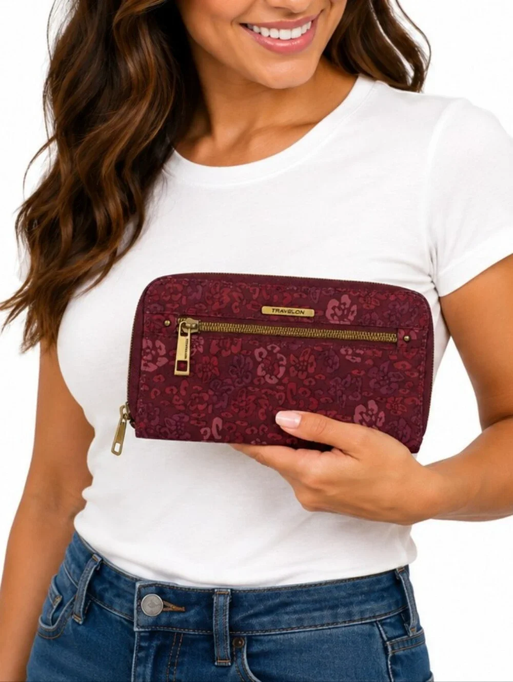 👜 Travelon RFID Zip Around Wallet Burgundy Floral Travel Organizer Clutch EUC